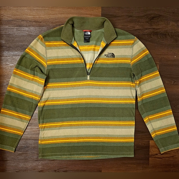 The North Face Quarter Zip Green and Orange Striped Mens Pullover Fleece Medium - Picture 1 of 8